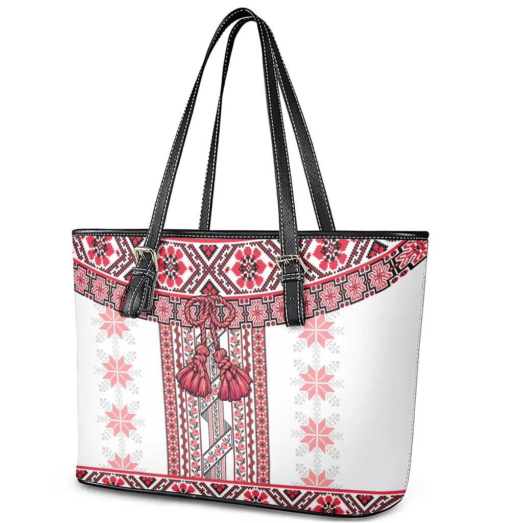Ukraine Leather Tote Bag Traditional Braided Rope Belt Red Folk Pattern