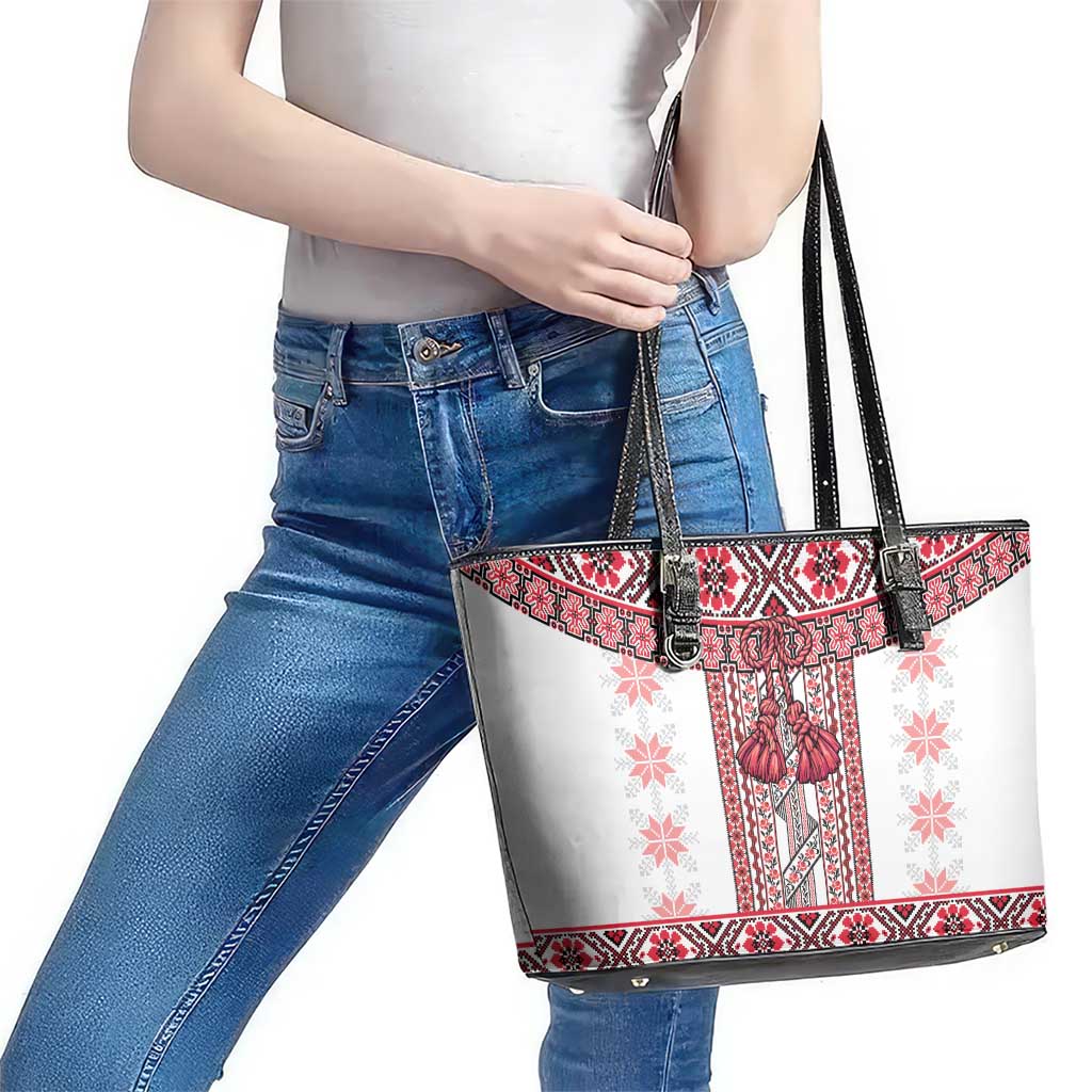 Ukraine Leather Tote Bag Traditional Braided Rope Belt Red Folk Pattern