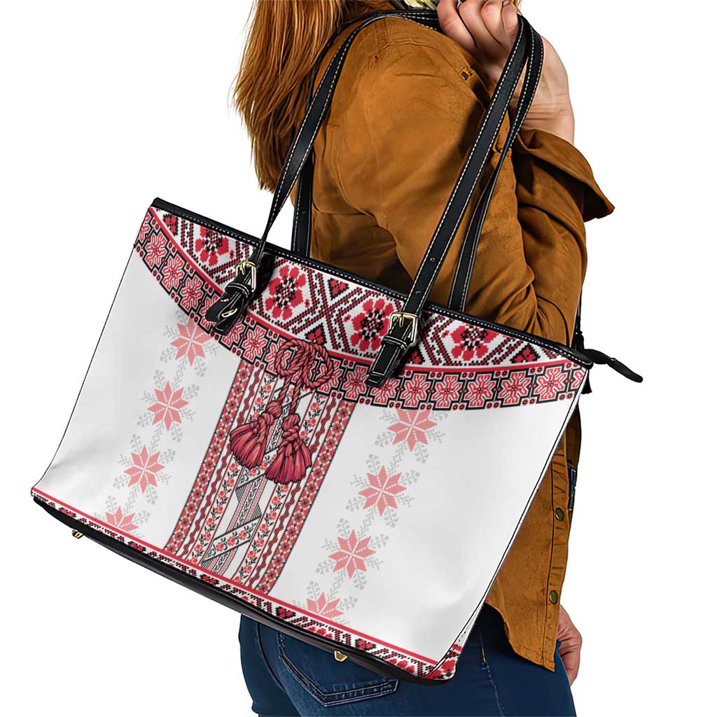 Ukraine Leather Tote Bag Traditional Braided Rope Belt Red Folk Pattern