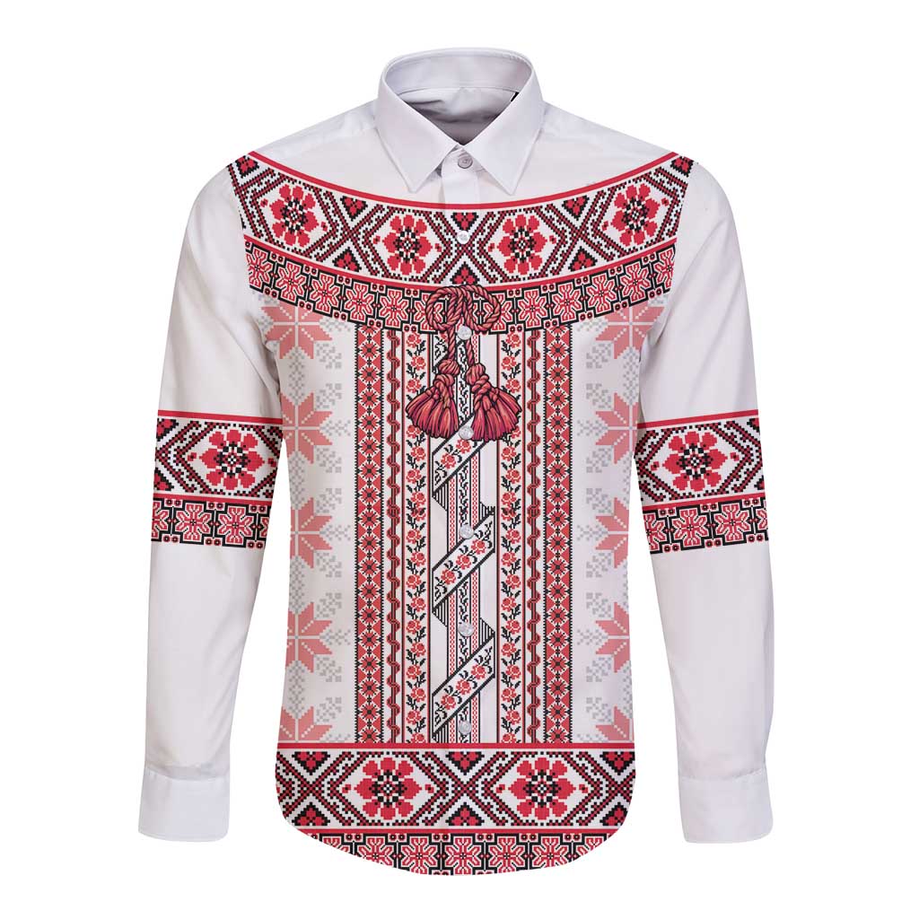 Ukraine Long Sleeve Button Shirt Traditional Braided Rope Belt Red Folk Pattern