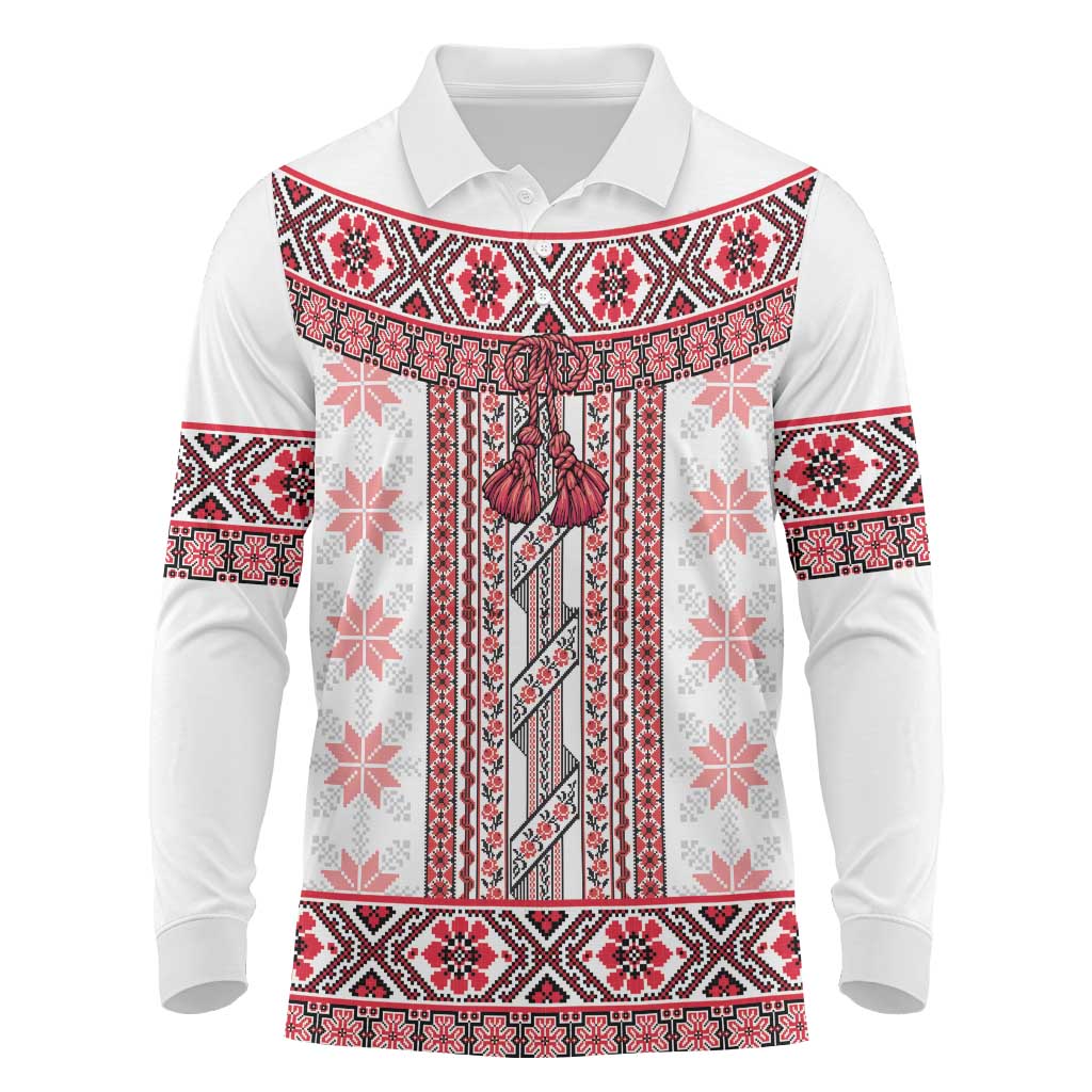 Ukraine Long Sleeve Polo Shirt Traditional Braided Rope Belt Red Folk Pattern