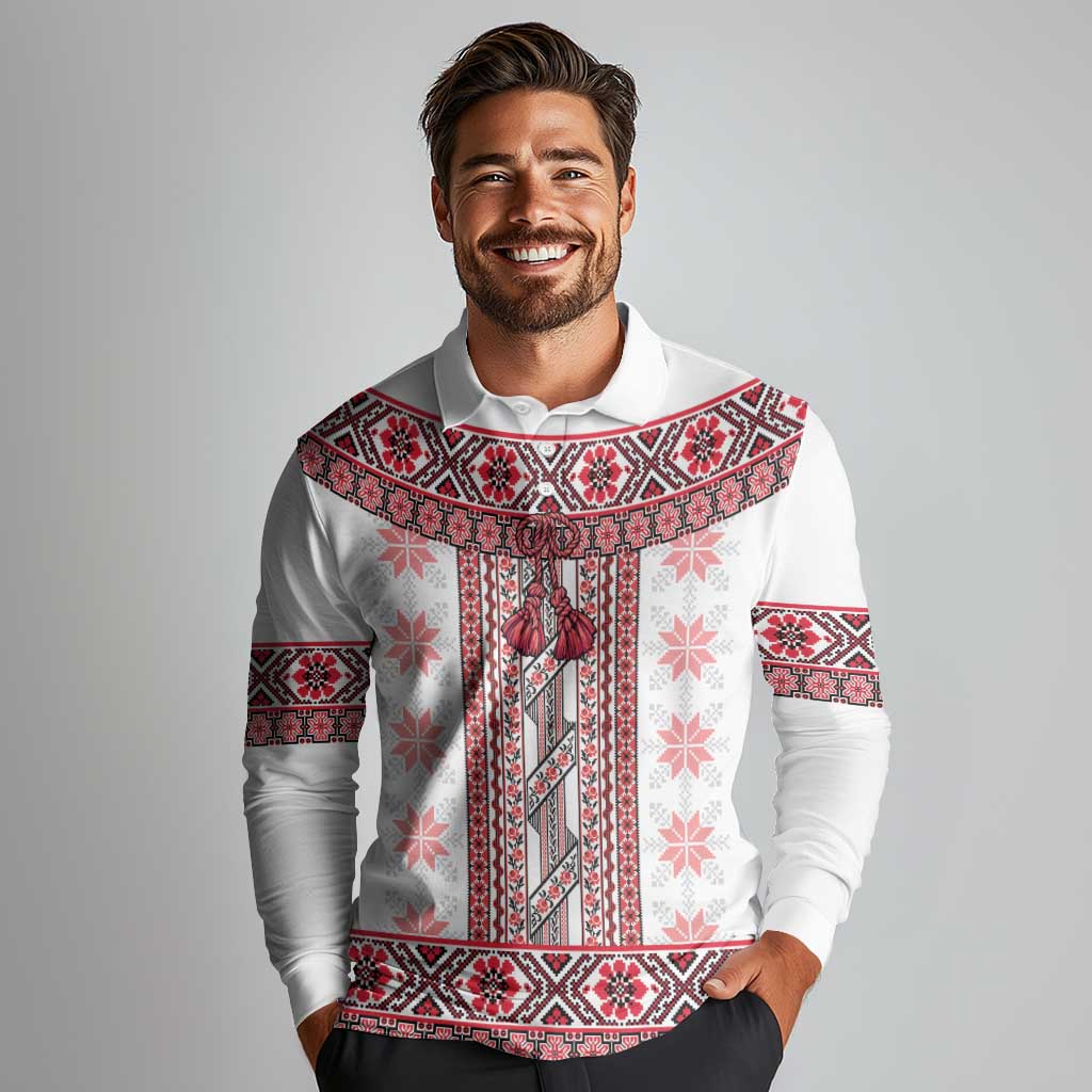 Ukraine Long Sleeve Polo Shirt Traditional Braided Rope Belt Red Folk Pattern
