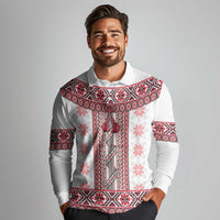 Ukraine Long Sleeve Polo Shirt Traditional Braided Rope Belt Red Folk Pattern