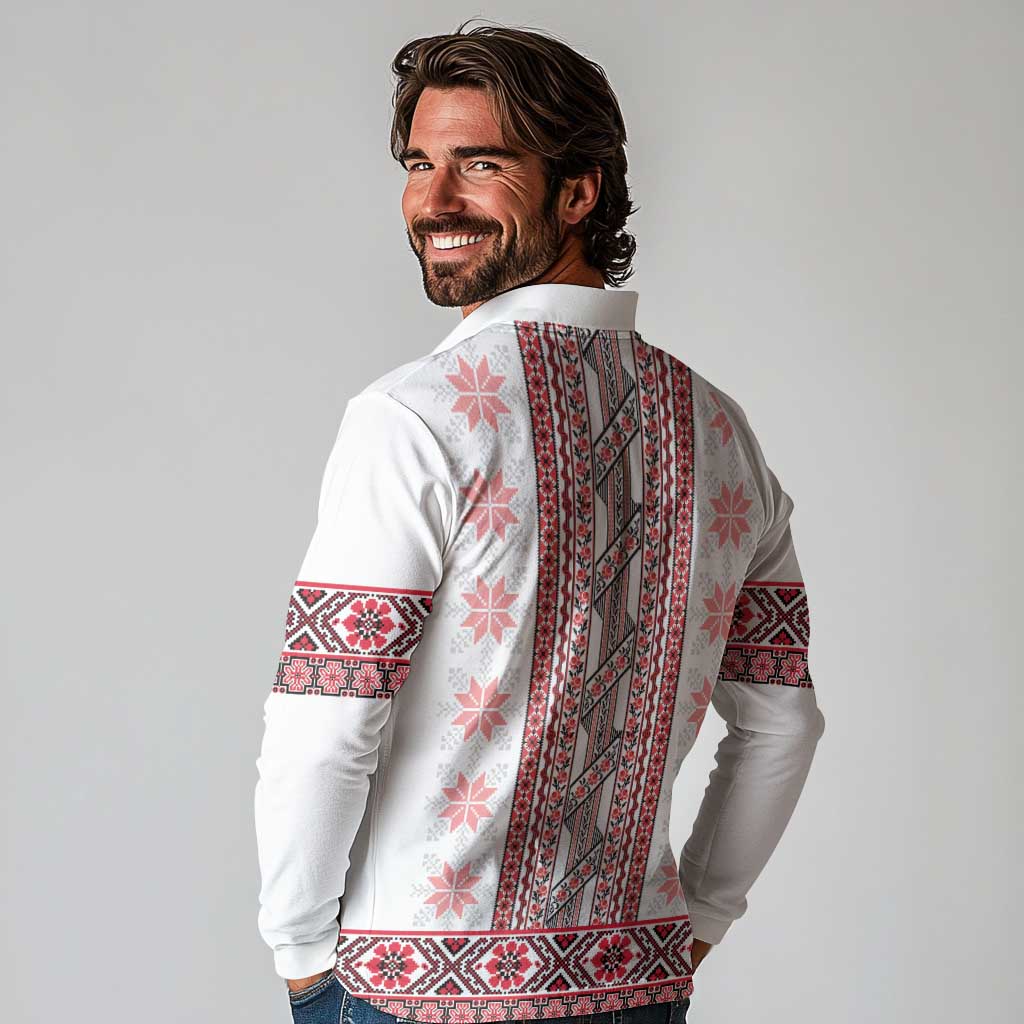 Ukraine Long Sleeve Polo Shirt Traditional Braided Rope Belt Red Folk Pattern