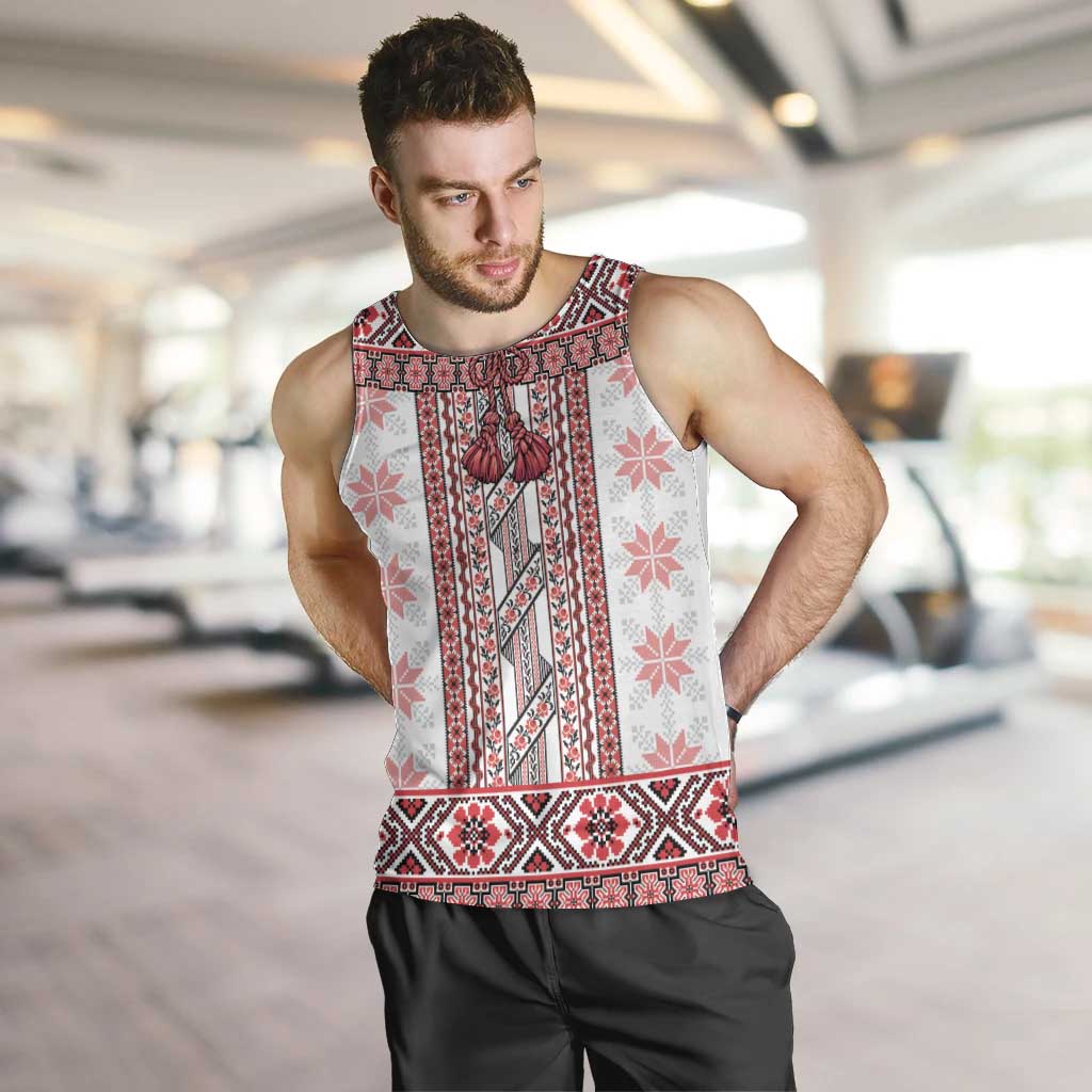 Ukraine Men Tank Top Traditional Braided Rope Belt Red Folk Pattern