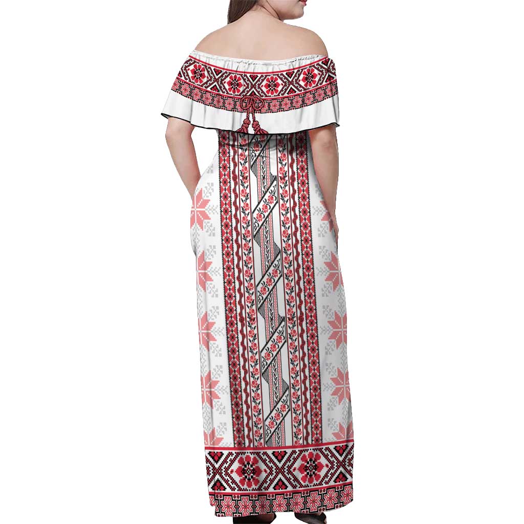 Ukraine Off Shoulder Maxi Dress Traditional Braided Rope Belt Red Folk Pattern