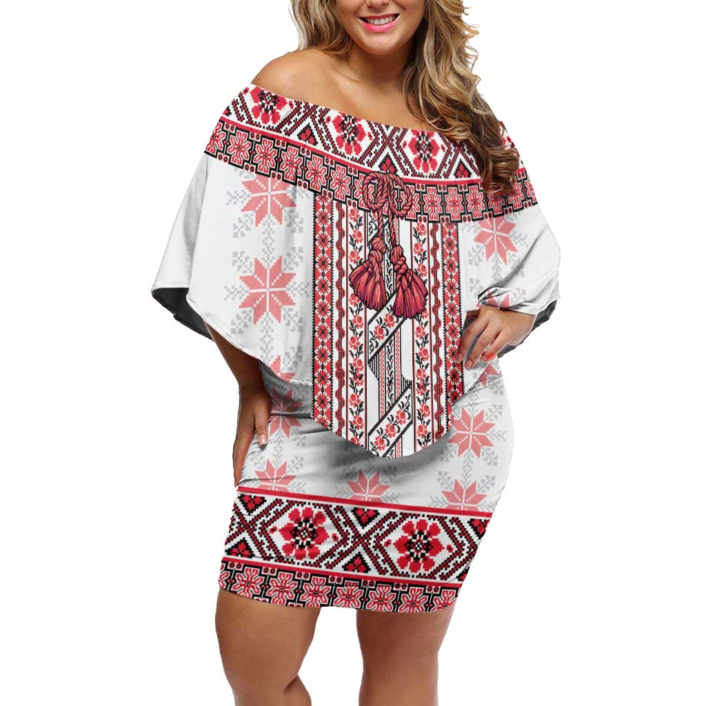 Ukraine Off Shoulder Short Dress Traditional Braided Rope Belt Red Folk Pattern