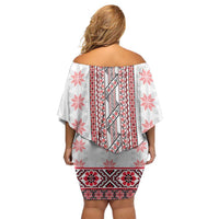 Ukraine Off Shoulder Short Dress Traditional Braided Rope Belt Red Folk Pattern