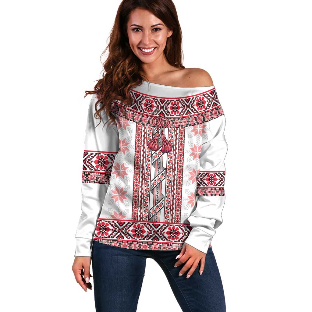 Ukraine Off Shoulder Sweater Traditional Braided Rope Belt Red Folk Pattern