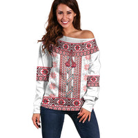 Ukraine Off Shoulder Sweater Traditional Braided Rope Belt Red Folk Pattern