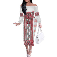Ukraine Off The Shoulder Long Sleeve Dress Traditional Braided Rope Belt Red Folk Pattern