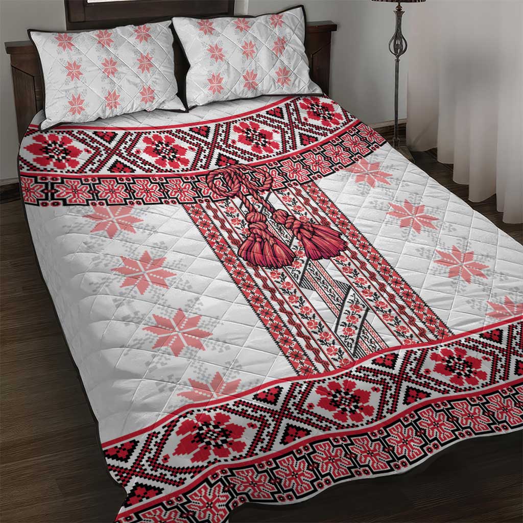 Ukraine Quilt Bed Set Traditional Braided Rope Belt Red Folk Pattern
