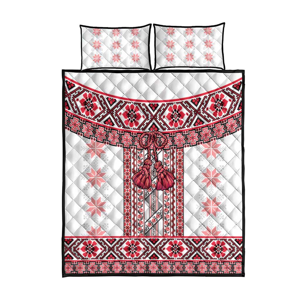 Ukraine Quilt Bed Set Traditional Braided Rope Belt Red Folk Pattern