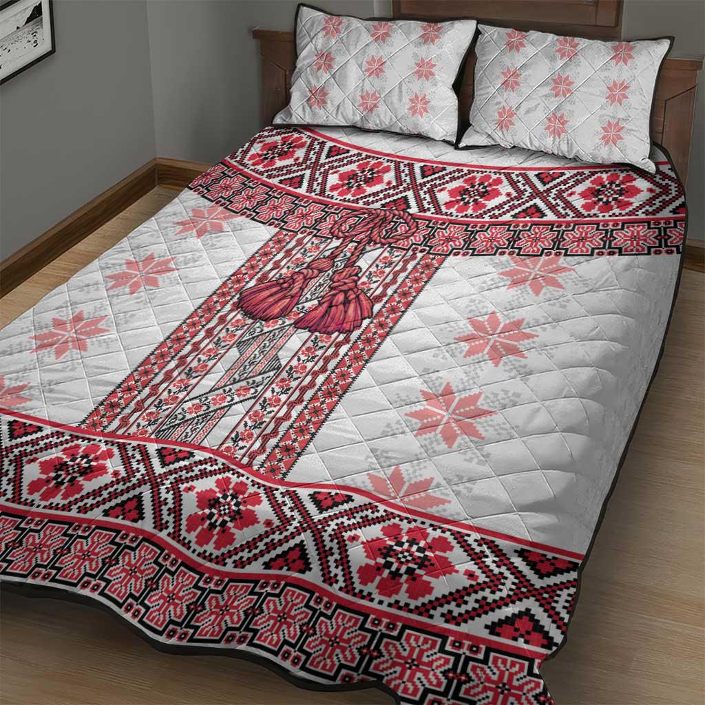 Ukraine Quilt Bed Set Traditional Braided Rope Belt Red Folk Pattern
