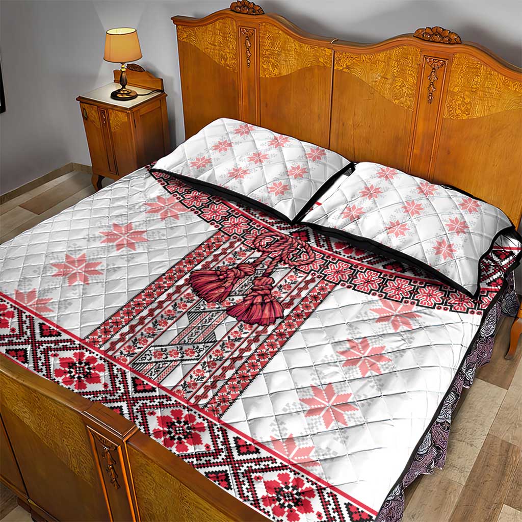 Ukraine Quilt Bed Set Traditional Braided Rope Belt Red Folk Pattern