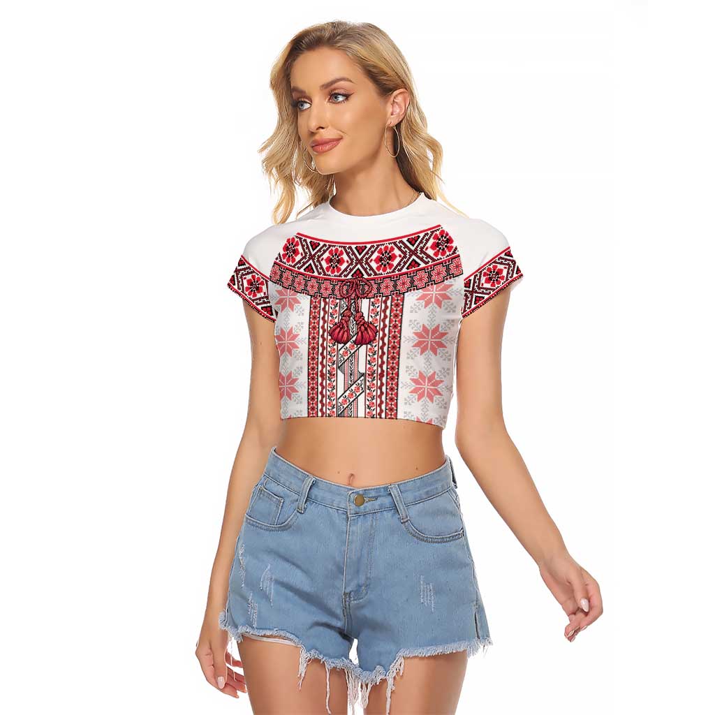 Ukraine Raglan Cropped T Shirt Traditional Braided Rope Belt Red Folk Pattern