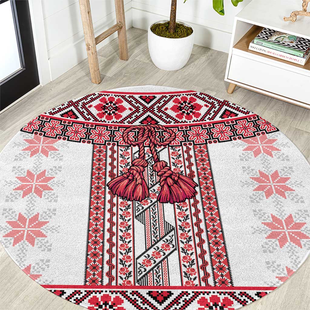 Ukraine Round Carpet Traditional Braided Rope Belt Red Folk Pattern