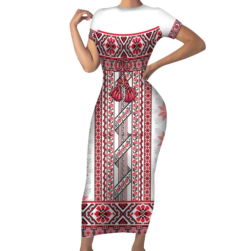 Ukraine Short Sleeve Bodycon Dress Traditional Braided Rope Belt Red Folk Pattern