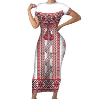 Ukraine Short Sleeve Bodycon Dress Traditional Braided Rope Belt Red Folk Pattern