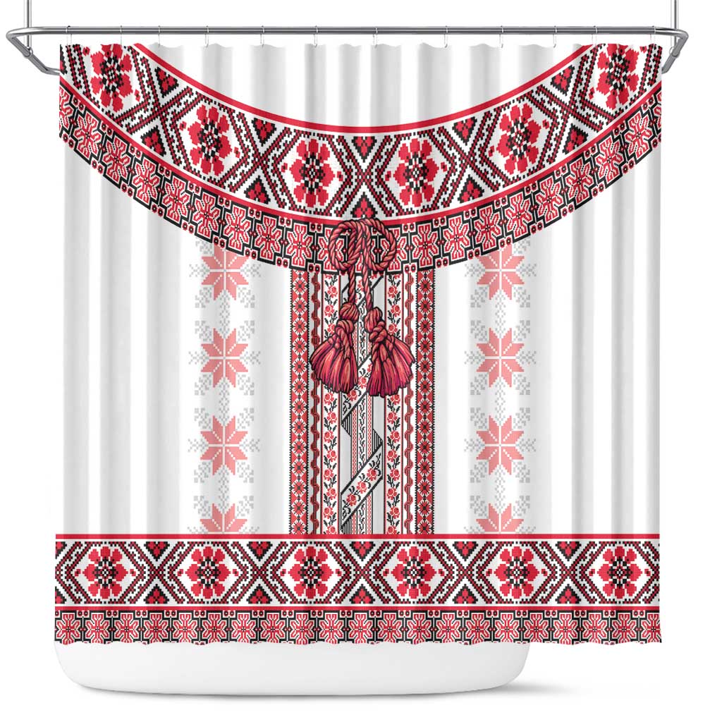 Ukraine Shower Curtain Traditional Braided Rope Belt Red Folk Pattern