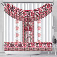 Ukraine Shower Curtain Traditional Braided Rope Belt Red Folk Pattern