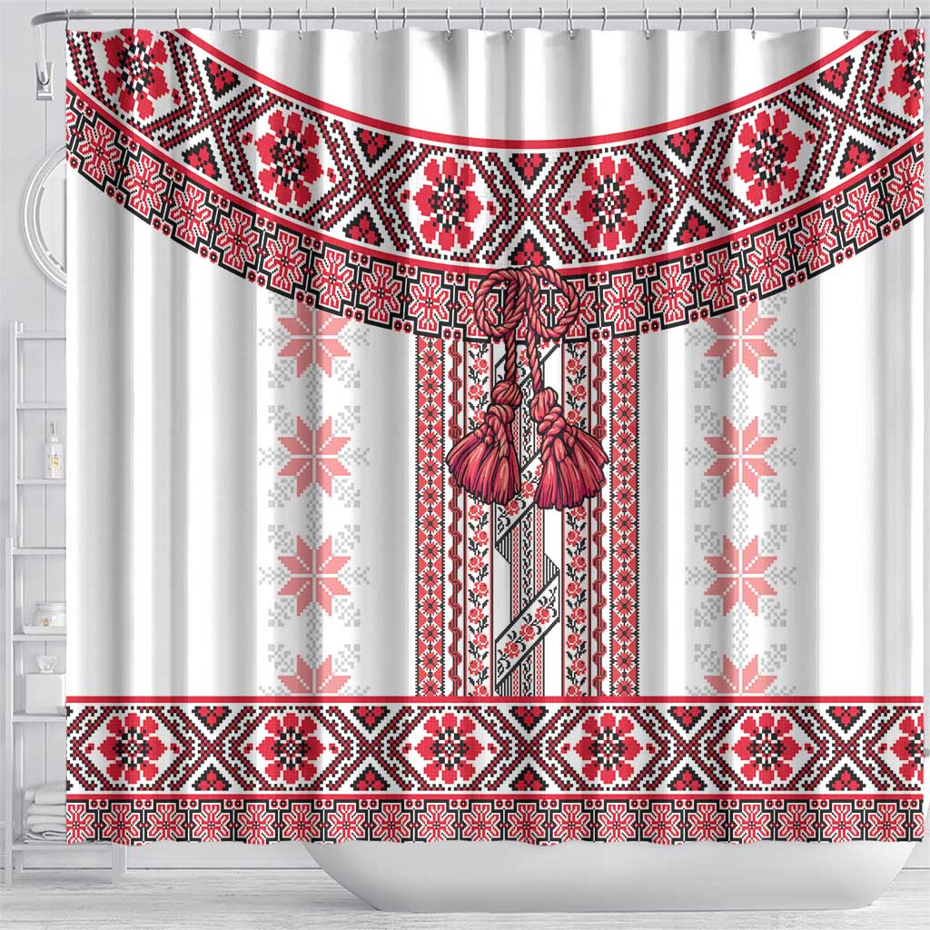 Ukraine Shower Curtain Traditional Braided Rope Belt Red Folk Pattern