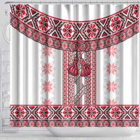 Ukraine Shower Curtain Traditional Braided Rope Belt Red Folk Pattern
