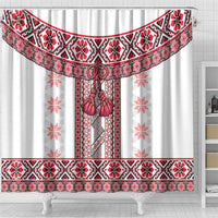 Ukraine Shower Curtain Traditional Braided Rope Belt Red Folk Pattern