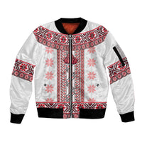 Ukraine Sleeve Zip Bomber Jacket Traditional Braided Rope Belt Red Folk Pattern
