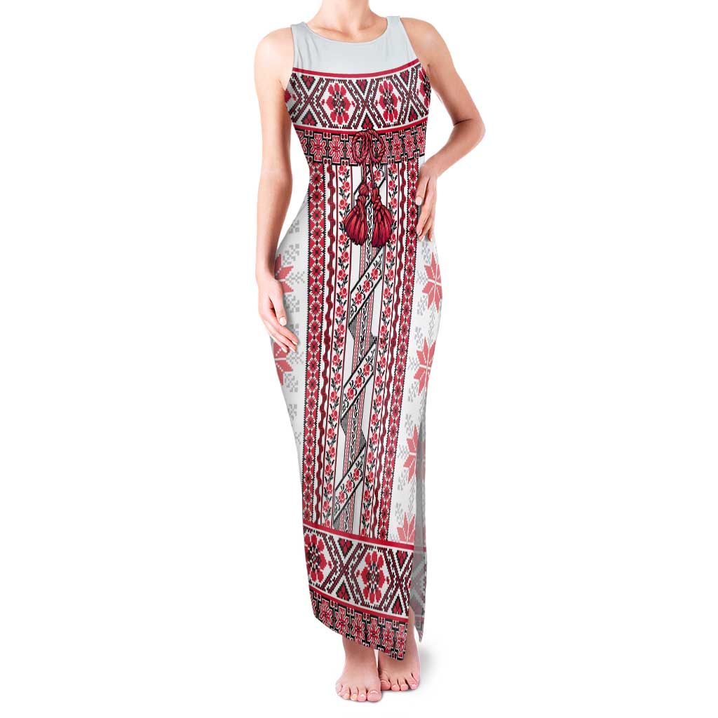 Ukraine Tank Maxi Dress Traditional Braided Rope Belt Red Folk Pattern