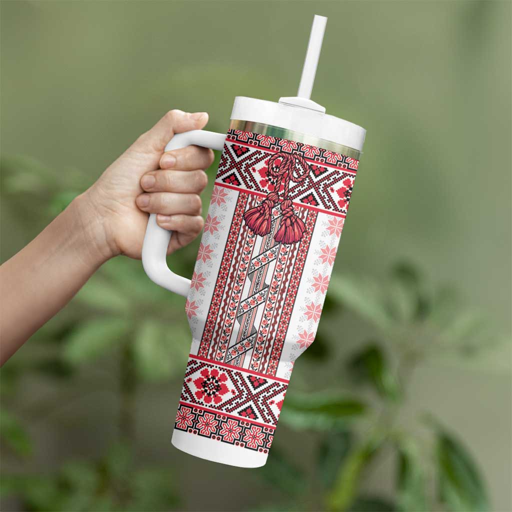 Ukraine Tumbler With Handle Traditional Braided Rope Belt Red Folk Pattern