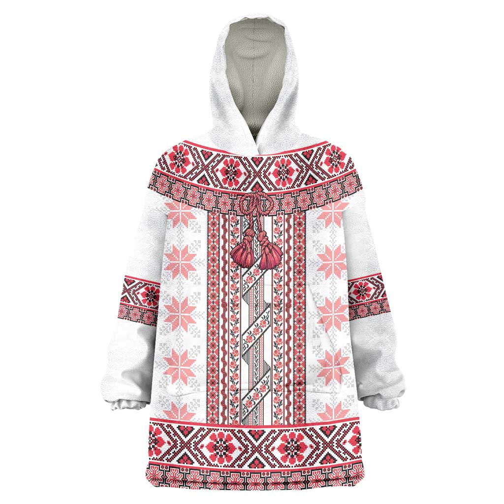 Ukraine Wearable Blanket Hoodie Traditional Braided Rope Belt Red Folk Pattern