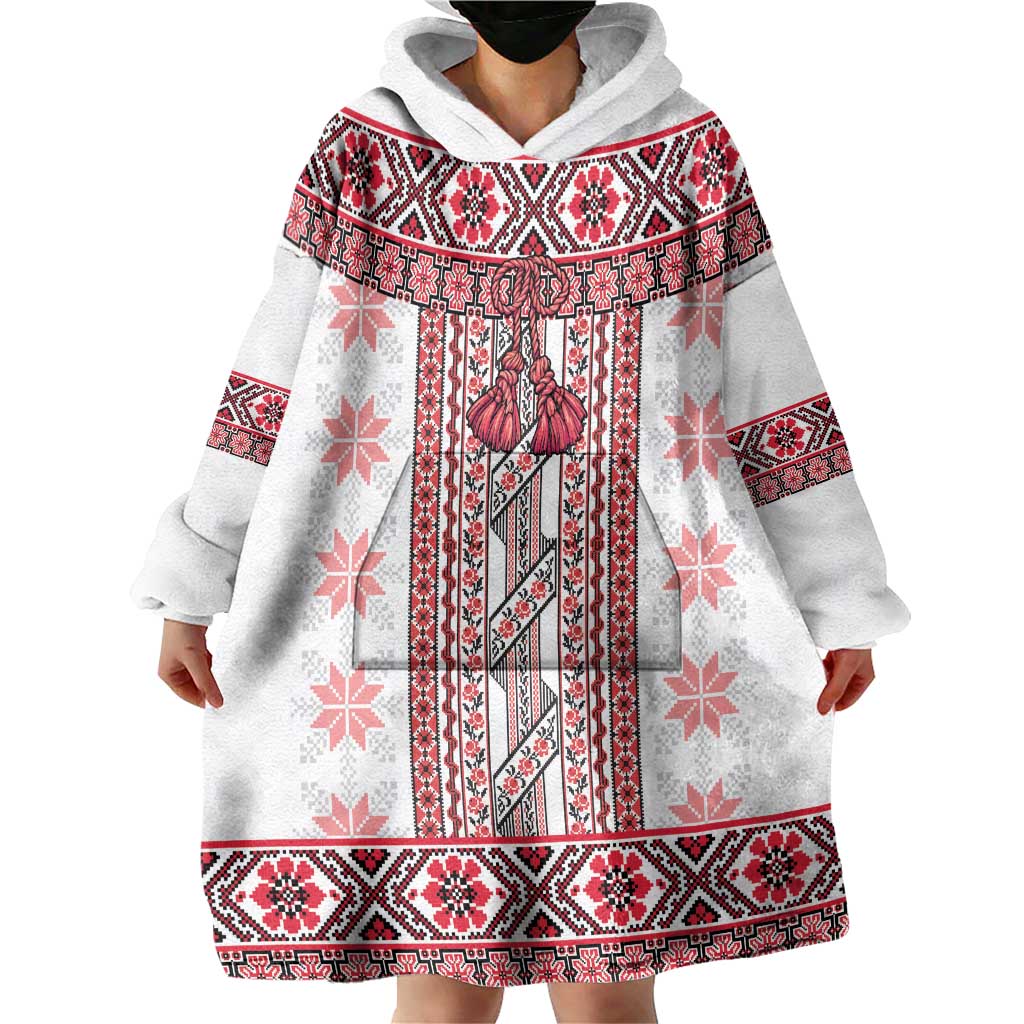 Ukraine Wearable Blanket Hoodie Traditional Braided Rope Belt Red Folk Pattern
