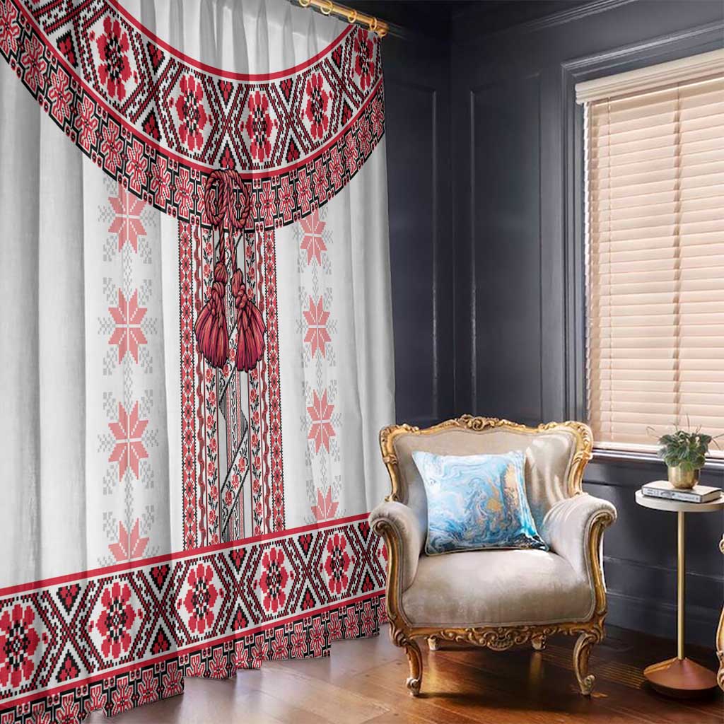 Ukraine Window Curtain Traditional Braided Rope Belt Red Folk Pattern