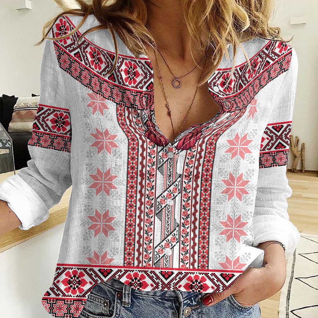 Ukraine Women Casual Shirt Traditional Braided Rope Belt Red Folk Pattern