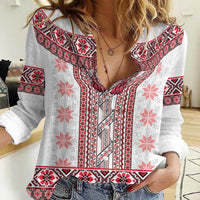 Ukraine Women Casual Shirt Traditional Braided Rope Belt Red Folk Pattern