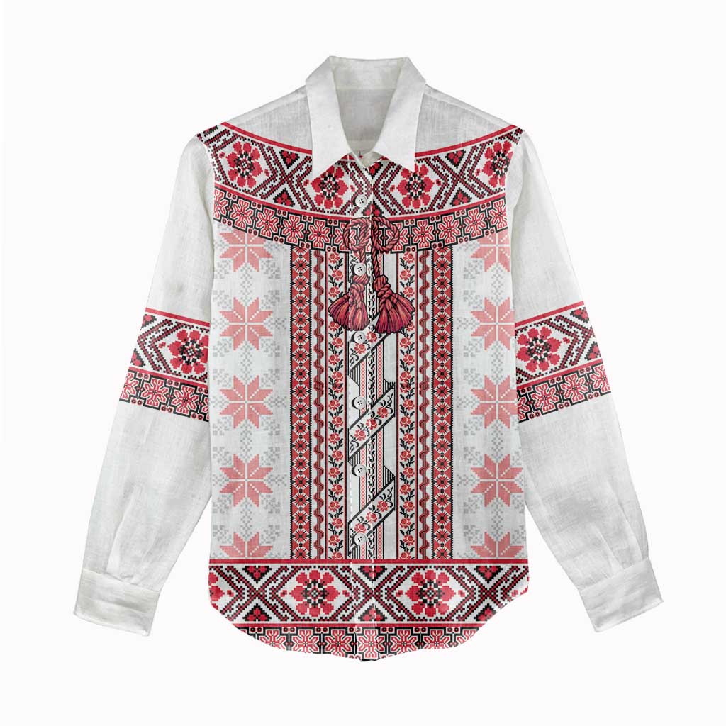 Ukraine Women Casual Shirt Traditional Braided Rope Belt Red Folk Pattern