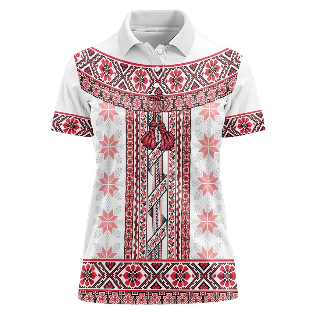 Ukraine Women Polo Shirt Traditional Braided Rope Belt Red Folk Pattern