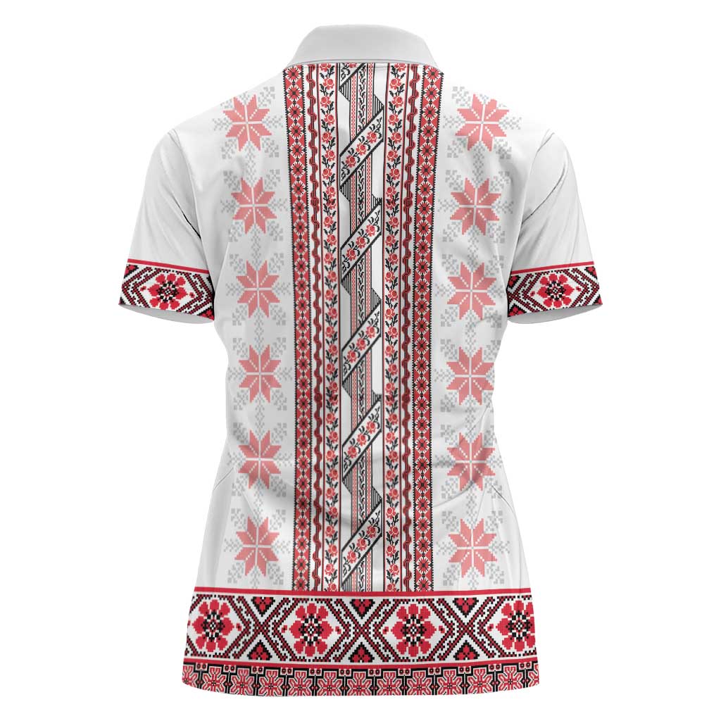 Ukraine Women Polo Shirt Traditional Braided Rope Belt Red Folk Pattern