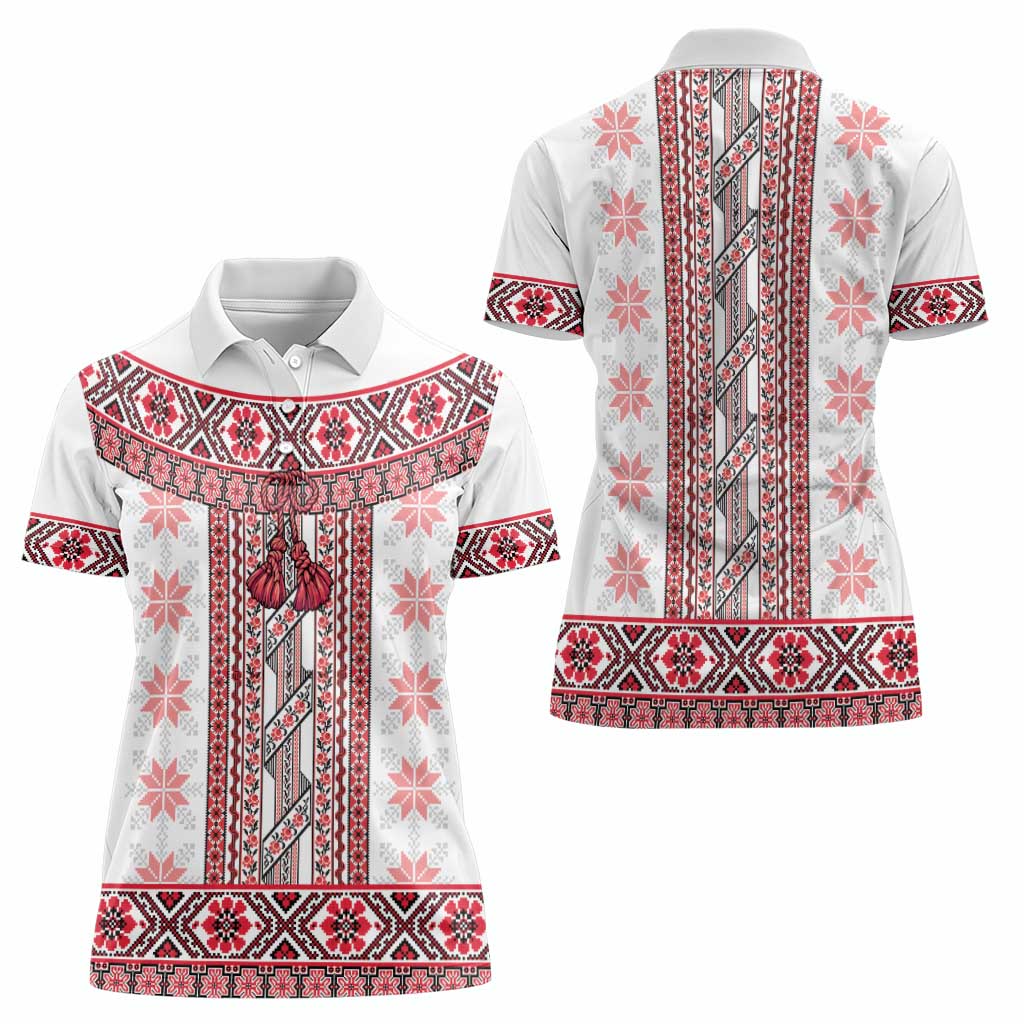 Ukraine Women Polo Shirt Traditional Braided Rope Belt Red Folk Pattern