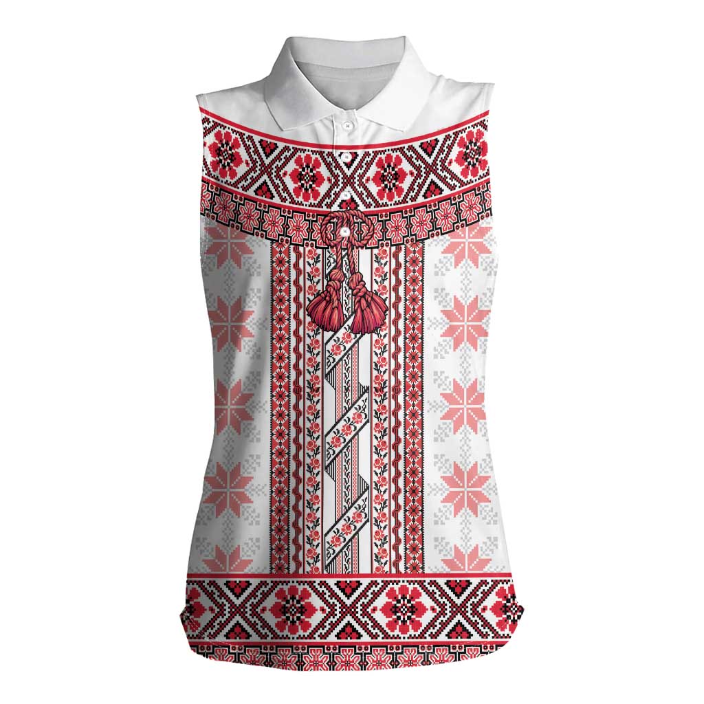 Ukraine Women Sleeveless Polo Shirt Traditional Braided Rope Belt Red Folk Pattern