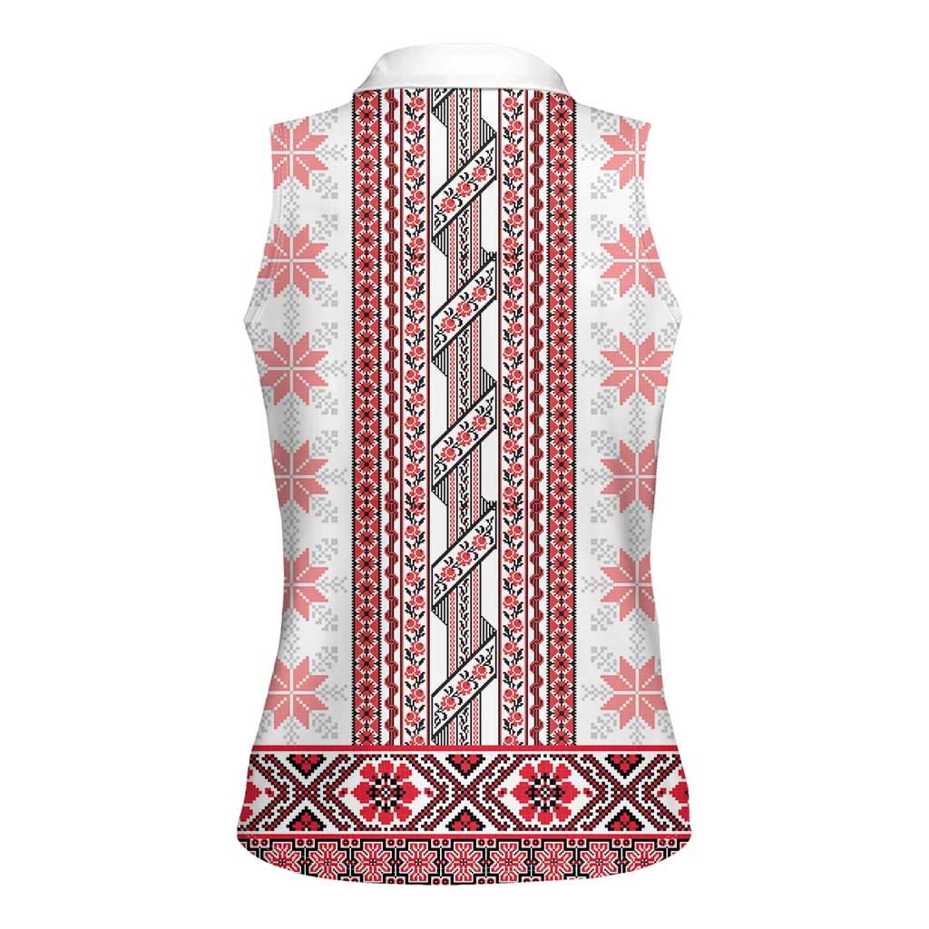 Ukraine Women Sleeveless Polo Shirt Traditional Braided Rope Belt Red Folk Pattern