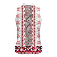 Ukraine Women Sleeveless Polo Shirt Traditional Braided Rope Belt Red Folk Pattern