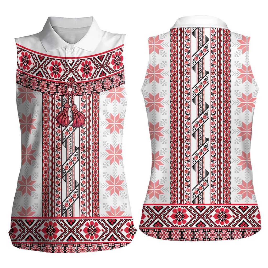 Ukraine Women Sleeveless Polo Shirt Traditional Braided Rope Belt Red Folk Pattern