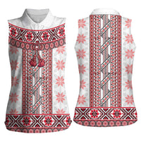 Ukraine Women Sleeveless Polo Shirt Traditional Braided Rope Belt Red Folk Pattern