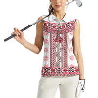 Ukraine Women Sleeveless Polo Shirt Traditional Braided Rope Belt Red Folk Pattern