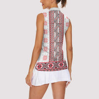 Ukraine Women Sleeveless Polo Shirt Traditional Braided Rope Belt Red Folk Pattern