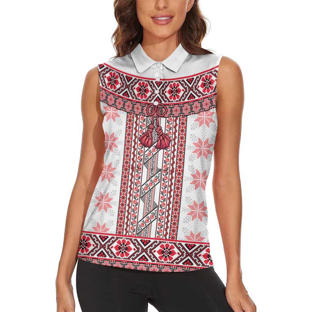 Ukraine Women Sleeveless Polo Shirt Traditional Braided Rope Belt Red Folk Pattern
