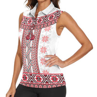 Ukraine Women Sleeveless Polo Shirt Traditional Braided Rope Belt Red Folk Pattern