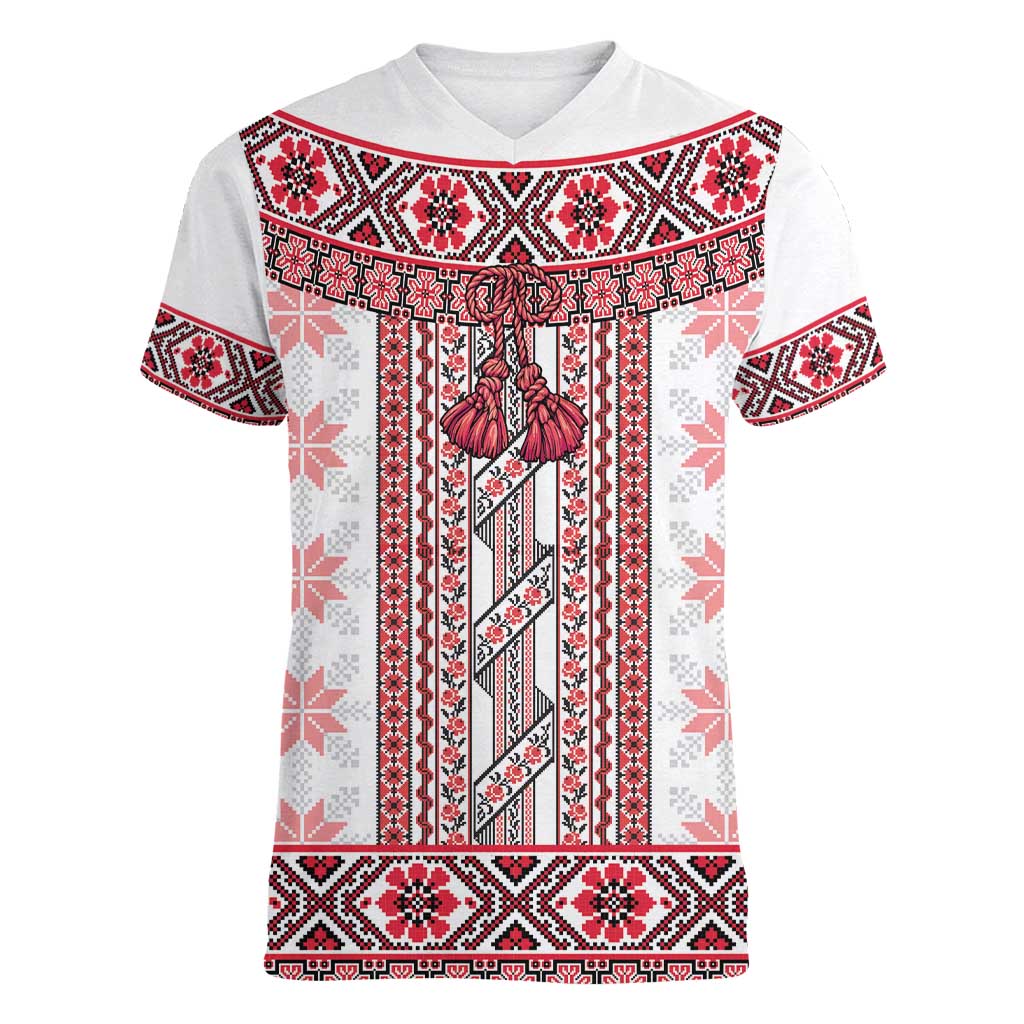 Ukraine Women V-Neck T-Shirt Traditional Braided Rope Belt Red Folk Pattern